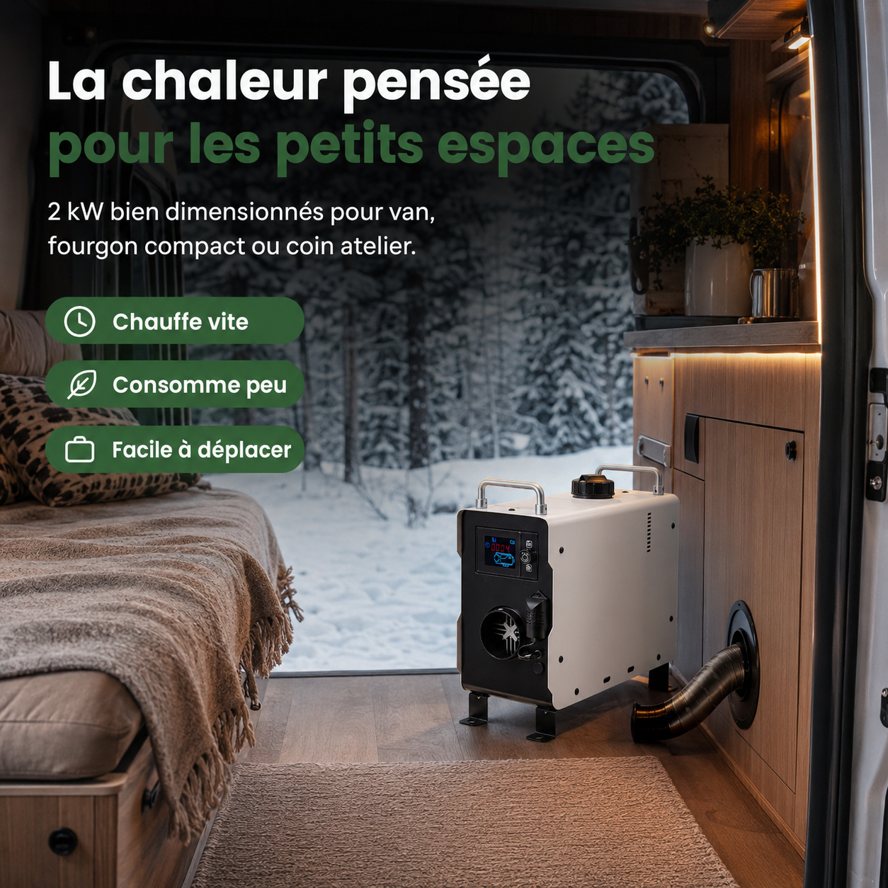 Chauffage Diesel Portable 2 kW avec Bluetooth & Alarme CO – Van & Fourgon | NomadiaHeat Compact