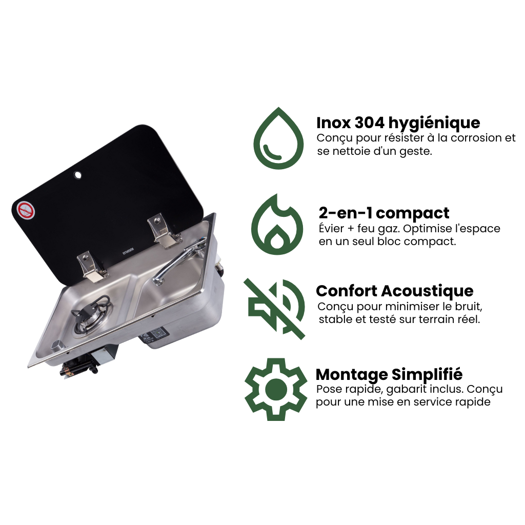 Évier et plaque de cuisson Inox 304 pour camping-car – Nomadia DuoHeat