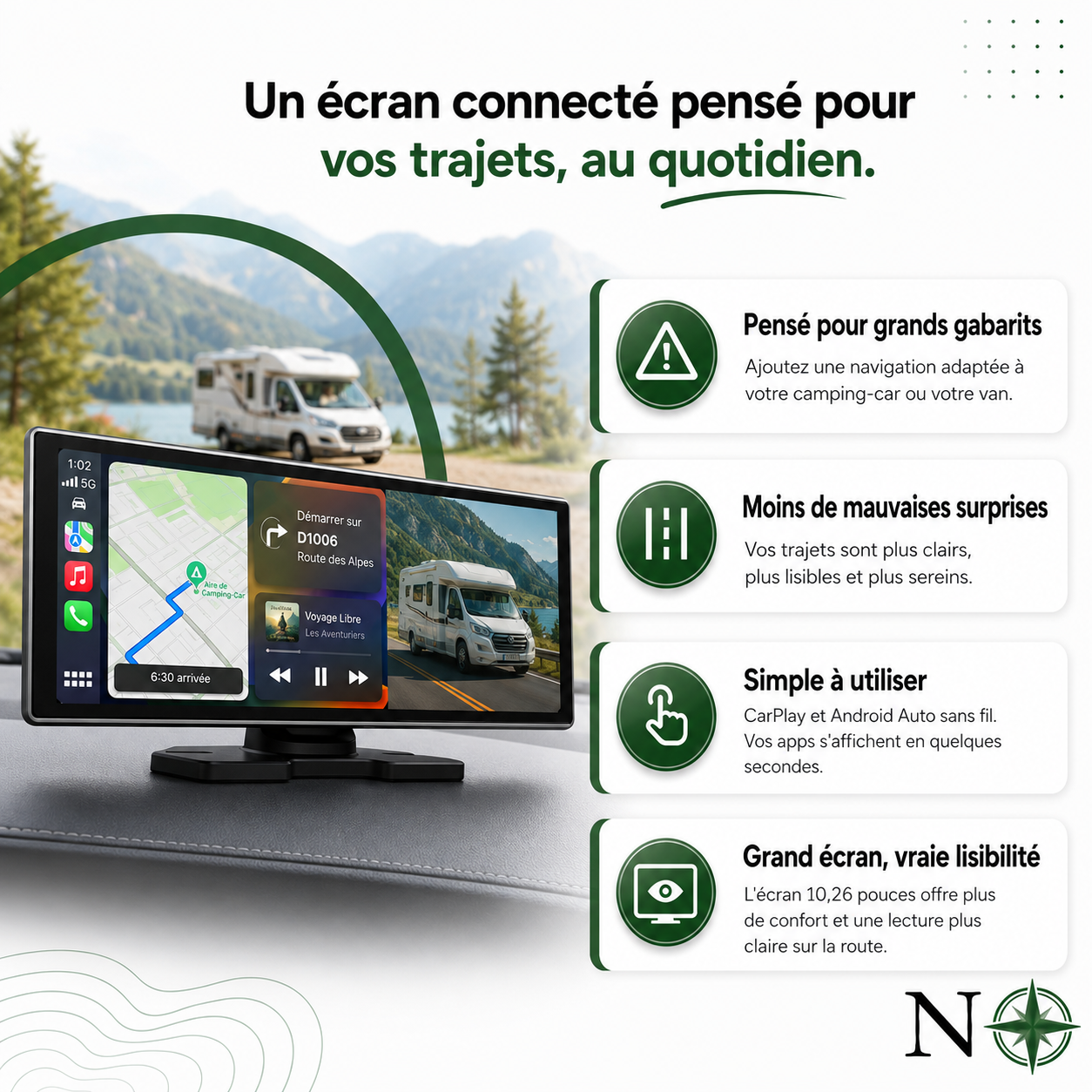 GPS 10 pouces Spécial Camping-Car & Van avec CarPlay | NomadiaSafeRoute Connect