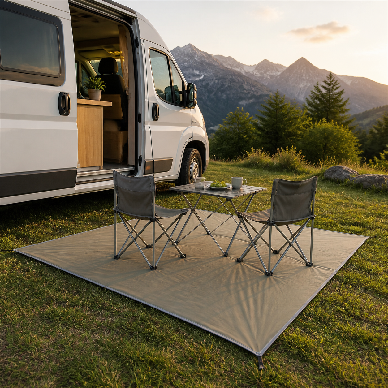 Tapis de sol imperméable NomadiaGround installé devant un camping-car