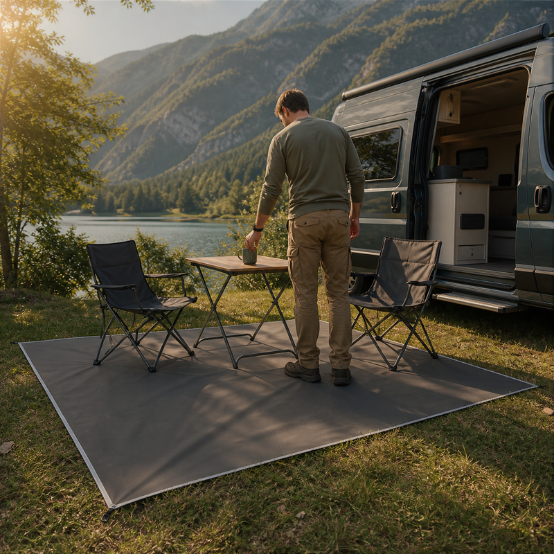 Espace extérieur propre avec NomadiaGround devant un camping-car