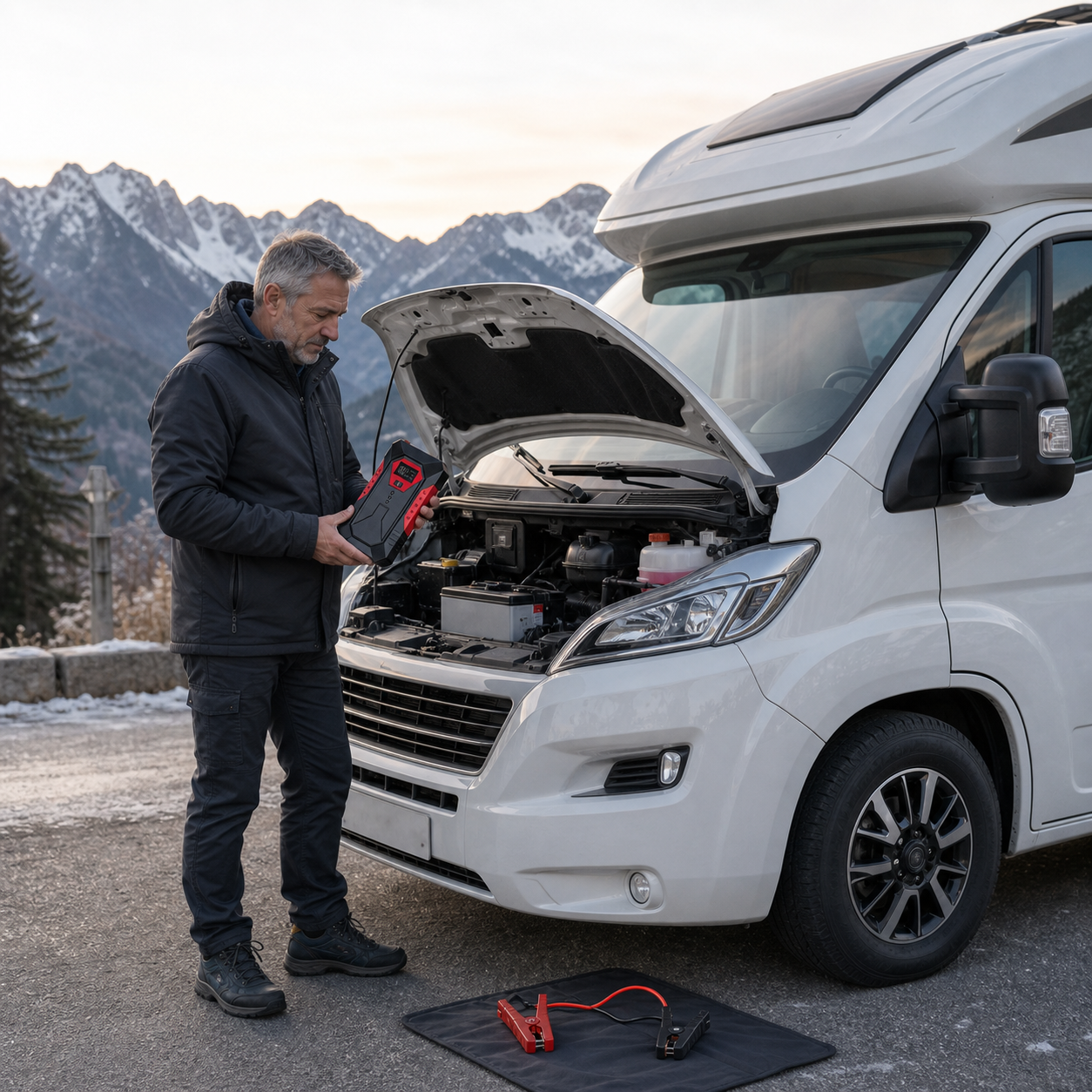 NomadiaStart près d’un camping-car, prêt à être utilisé en cas de batterie à plat