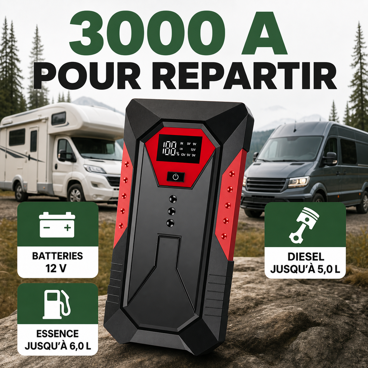 Booster NomadiaStart 3000 A compatible moteurs essence 6,0 L et diesel 5,0 L