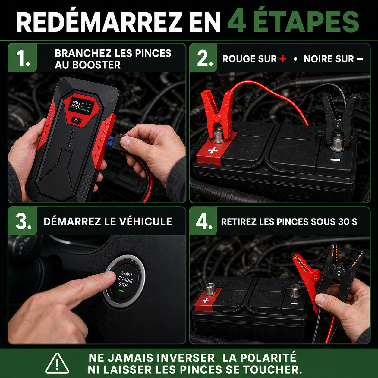 Démarrer une batterie 12 V avec NomadiaStart en quatre étapes